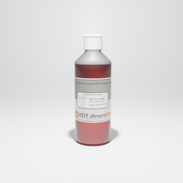 Image showing a bottle of red pH 4 buffer solution.